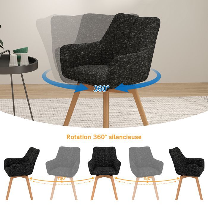 WAFTING Juego de 4 sillas de comedor giratorias 360°, con reposabrazos y patas de madera, respaldo alto y cojín de felpa. Color negro.