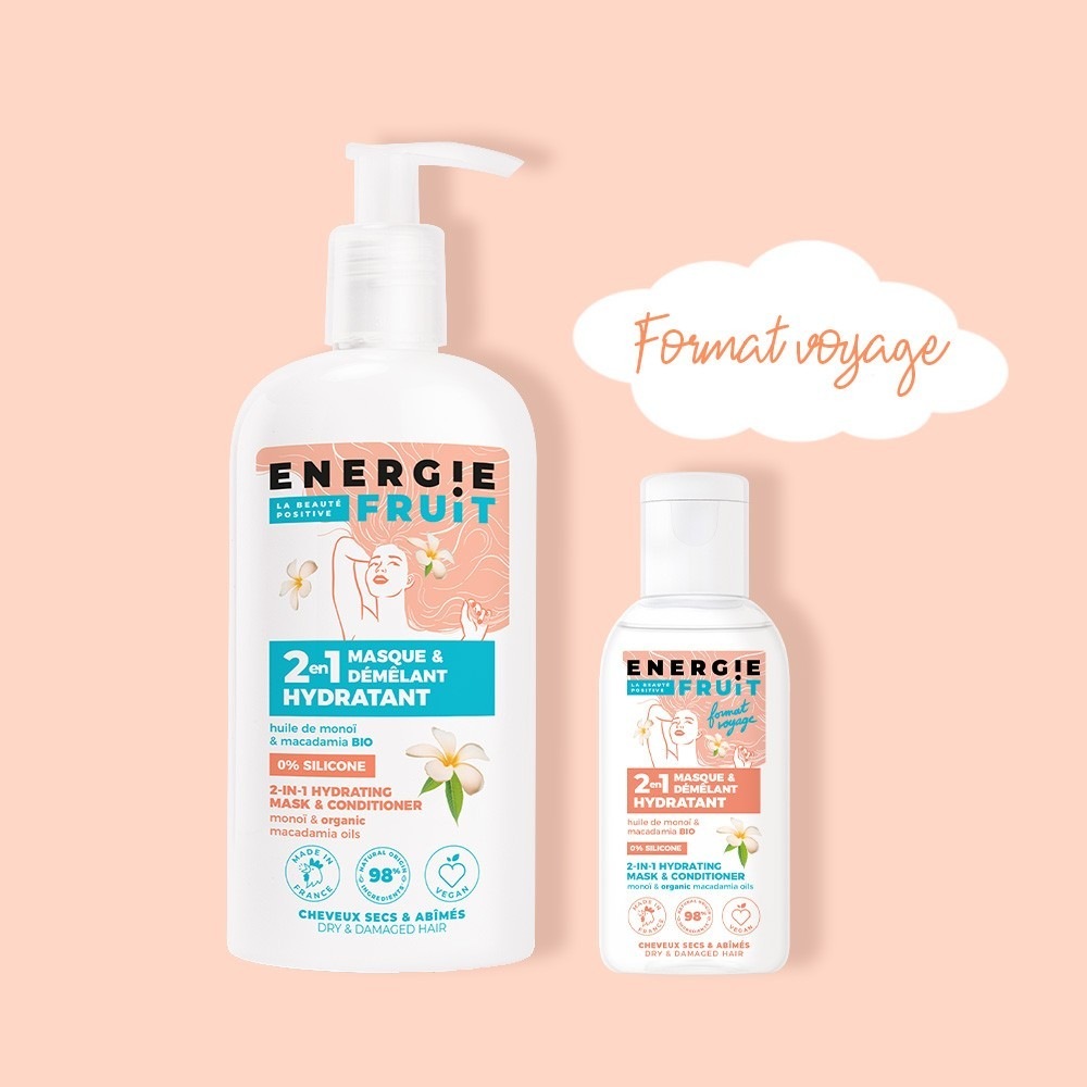 Energie Fruit masque 2 en 1 sans silicone - format voyage- cheveux abimes - monoï et huile de macadamia bio