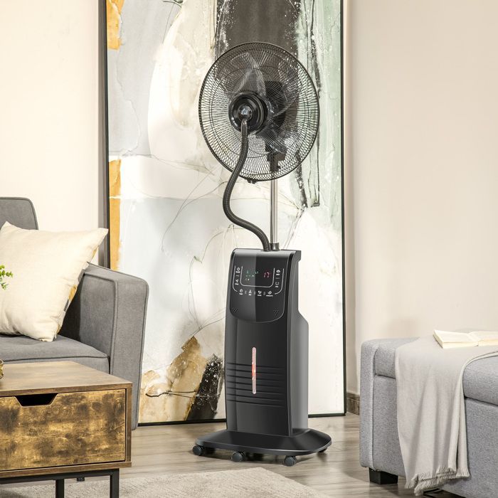 HOMCOM vernevelingsventilator - stil - 90W - op wielen, 3 standen, 3 snelheden, afstandsbediening, timer, oscillatie - zwart