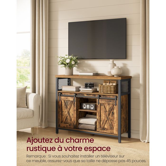 VASAGLE Buffet Cuisine, Commode, avec 2 Portes Coulissantes, 33 x 100 x 80 cm, Étagères Réglables, Marron Rustique et Noir