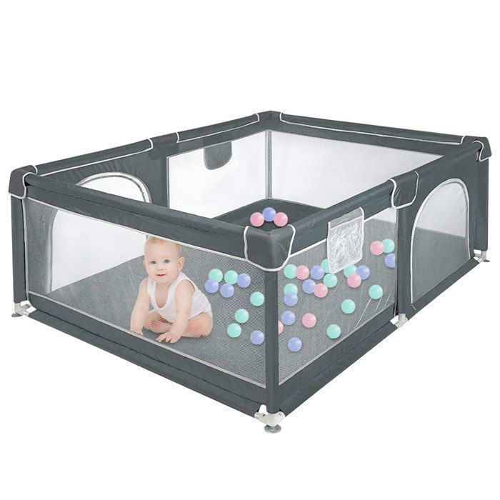 XXL Baby Playpen - MIPAN - With Zipped Door + Storage Bag - Can Be Chewed - Anti-collision - For 3-4 Years - 120*160*66cm - Grey