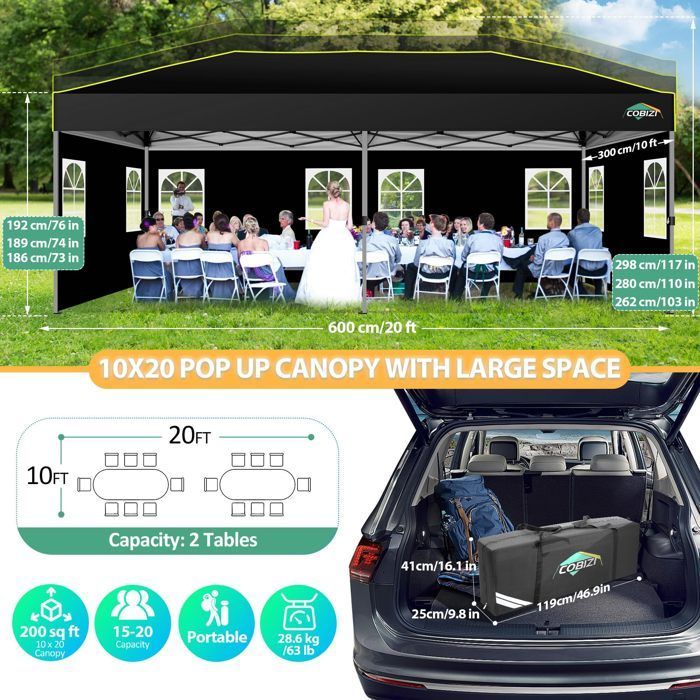 Tonnelle Pliante 3x6, Tonnelle de Jardin Exterieur, Imperméable Tente de Reception avec 6 Panneaux Latéraux，Noir