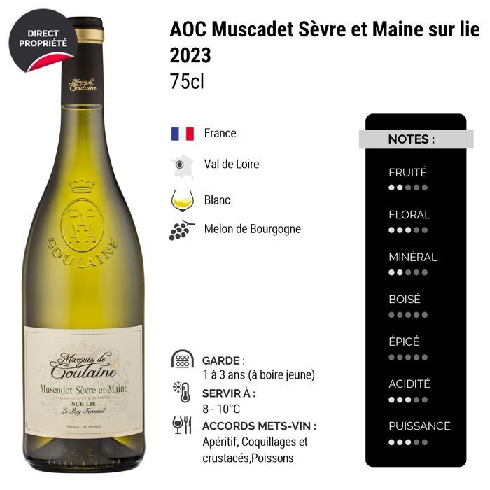 Marquis de Goulaine Muscadet Sèvre et Maine sur lie Le Puy Ferrand 2023 - Vin Blanc du Val de Loire (6x75cl)