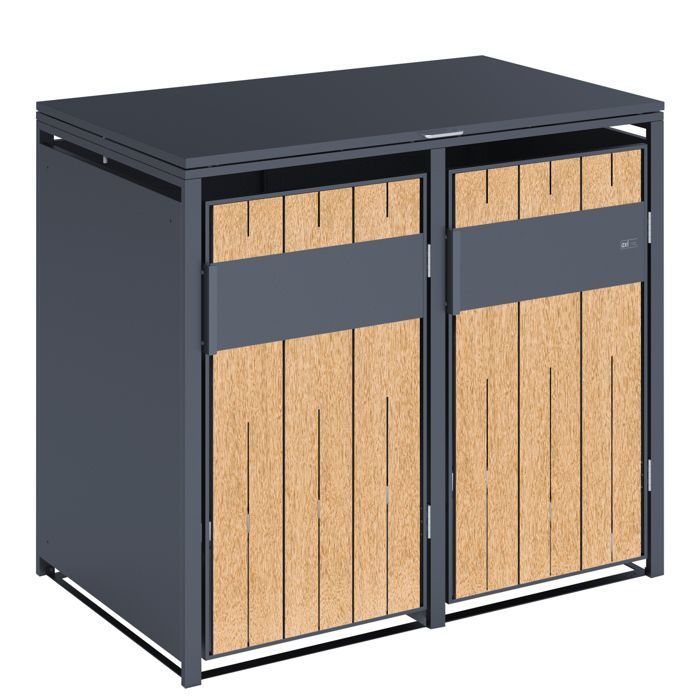 AXI Luke Cache Poubelle en Métal, Anthracite/Effet Bois - Abri poubelle pour 2 conteneurs - Max. 240L - Abri Poubelle Extérieur