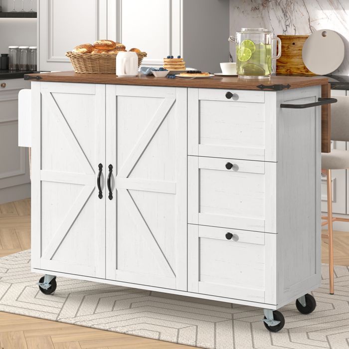 Chariot de cuisine - Îlot extensible - 2 portes - 3 tiroirs - Beige - 75 kg max