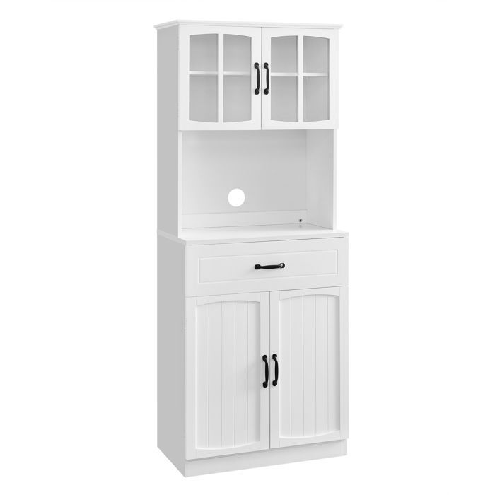VASAGLE High Kitchen Buffet, Pantry, Sideboard, with Glass Doors and Adjustable Shelves, Cable Management Hole, White