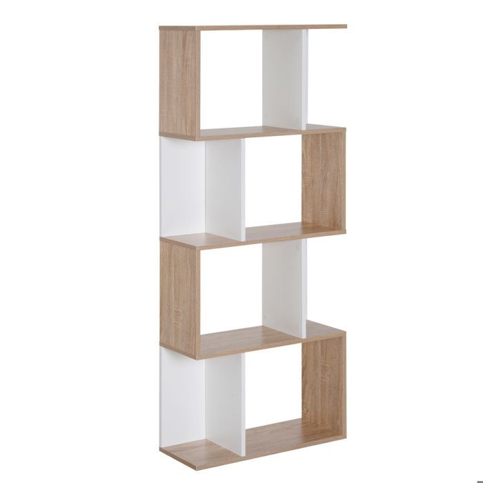 Estantería - HOMCOM - Mueble de almacenamiento en forma de S de 4 niveles para salón/dormitorio - Madera - 60x24x148cm - Blanco natural