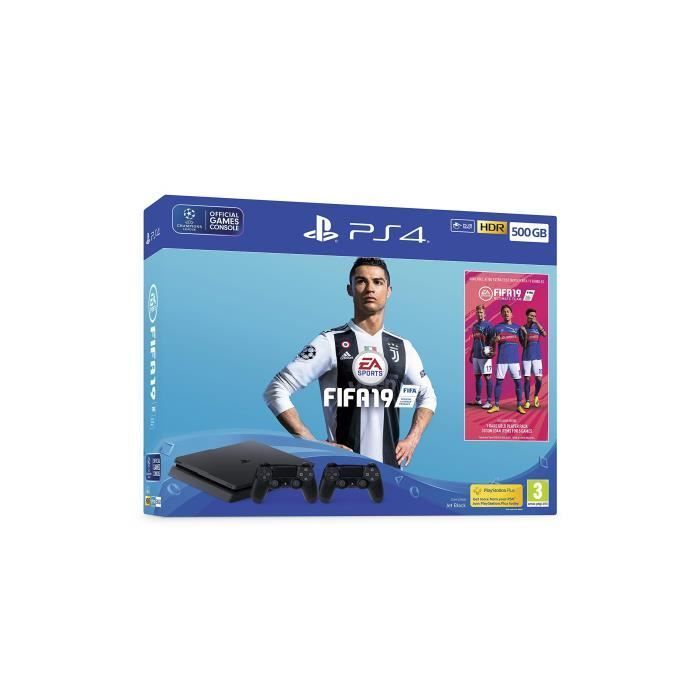Consola PS4 de 500 GB con chasis Slim negro + FIFA 19 + 2 mandos Dual Shock 4