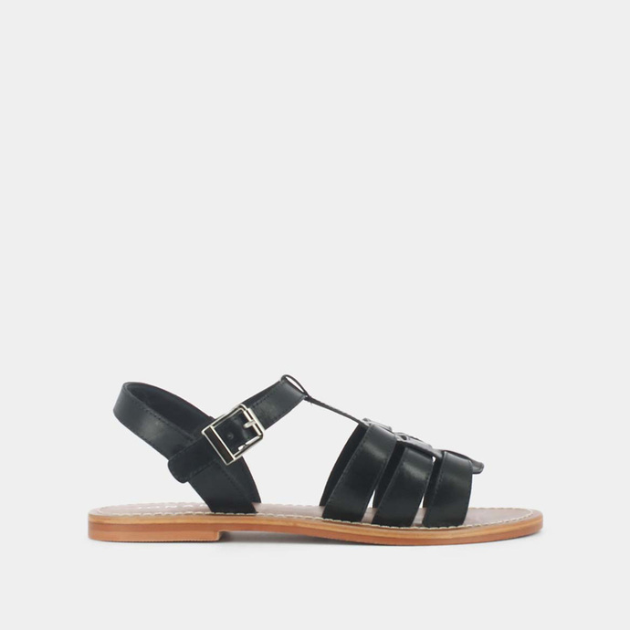Sandales plates tressées  en cuir noir
