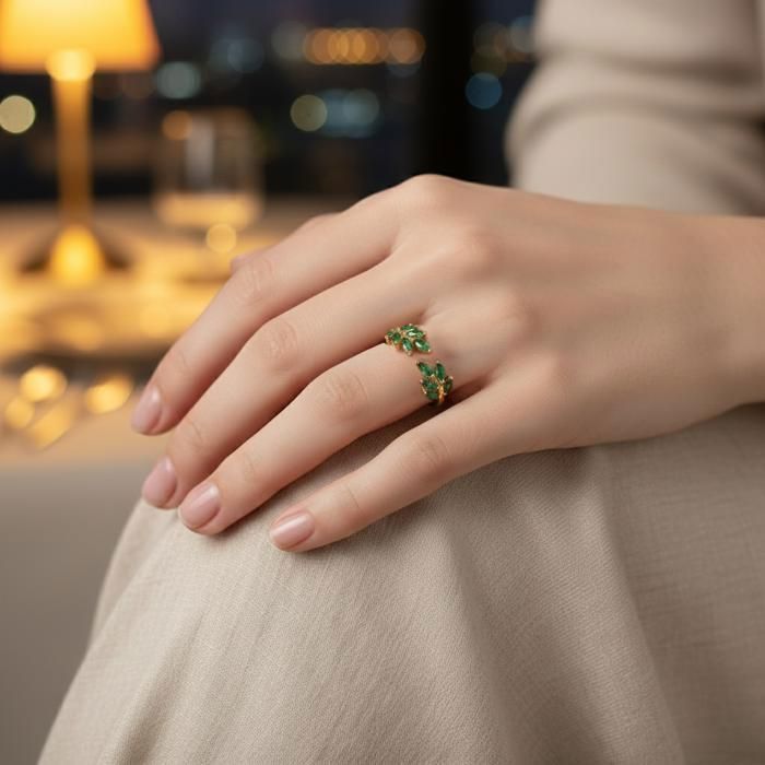 Women's 18k Gold Plated Ring – Elegant Foliage Design – Marquise Cut Green Cubic Zirconia – Refined and Trendy Jewelry – Christmas Gift
