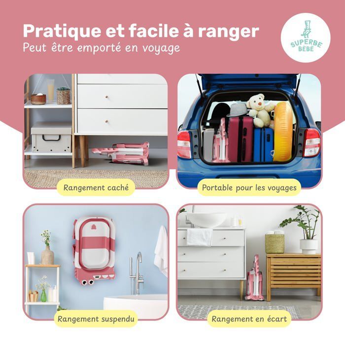 Vaschetta da bagno pieghevole per neonati - Termometro e cuscino inclusi - DINOSAURO - Rosa | SUPERB BABY