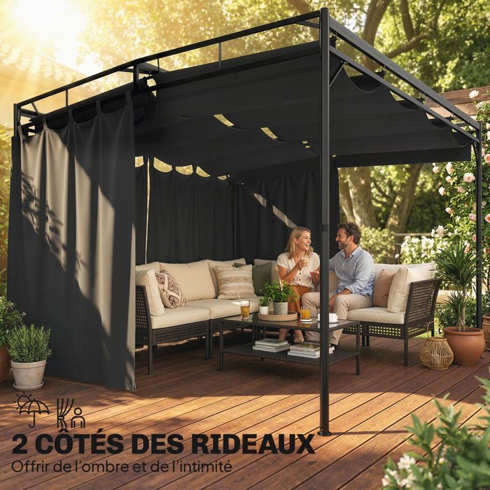 Pérgola de jardín - cenador de patio - Outsunny - techo retráctil, cortinas, sistema de poleas - metal - 3x3m - gris antracita