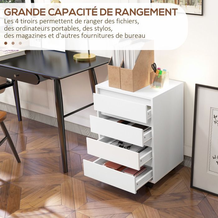 Caisson de bureau - HOMCOM - rangement sur roulettes 4 tiroirs coulissants mobilier travail - bois - aspect bois blanc