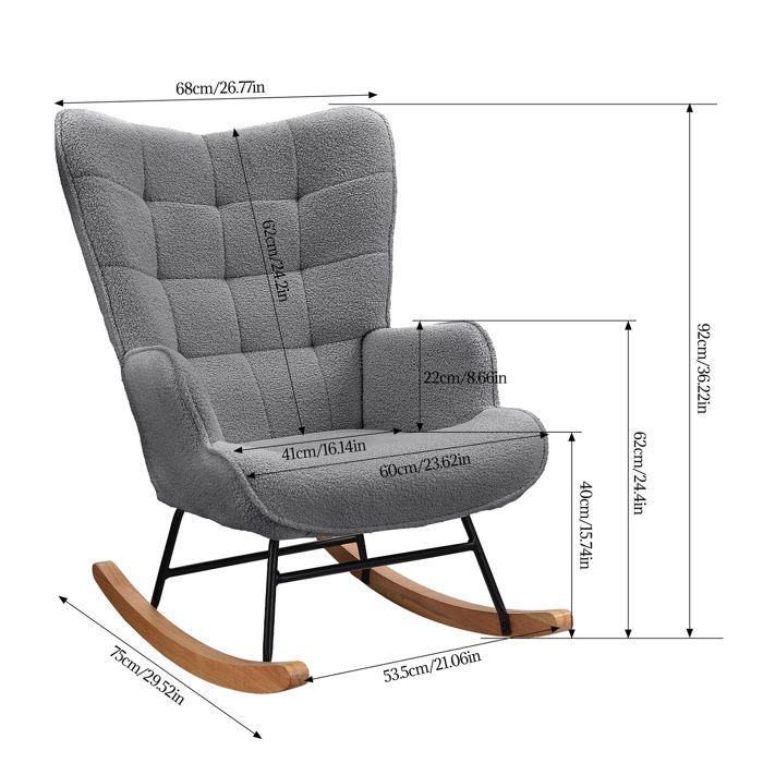 Mecedora de salón, respaldo a cuadros, mecedora para bebés, base de madera, tela de terciopelo Teddy, gris.