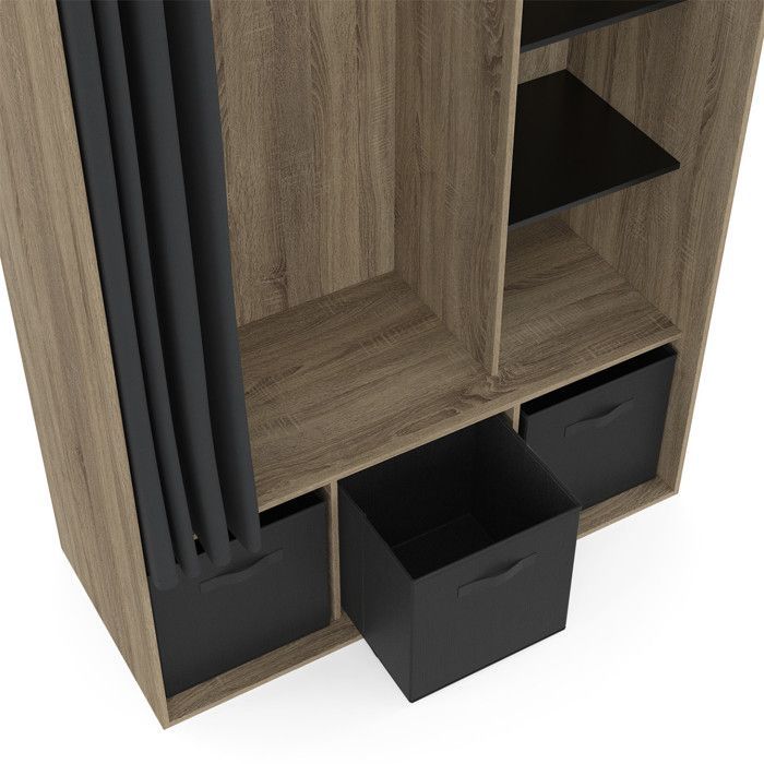 IDMARKET Dressing penderie DIANE 105 x 45 x 167 cm hêtre avec étagères + boites de rangement + rideau noir
