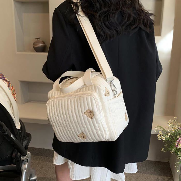 Large Quilted Bear/Flower Diaper Bag, Multifunctional, Adjustable Shoulder Strap, Cotton, Diaper Pouch.