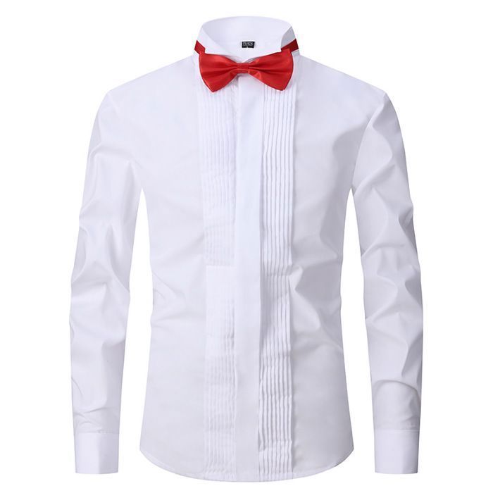 Camisa de boda para hombre con gemelos, elegante camisa de corte ajustado con pajarita, color liso - Blanco