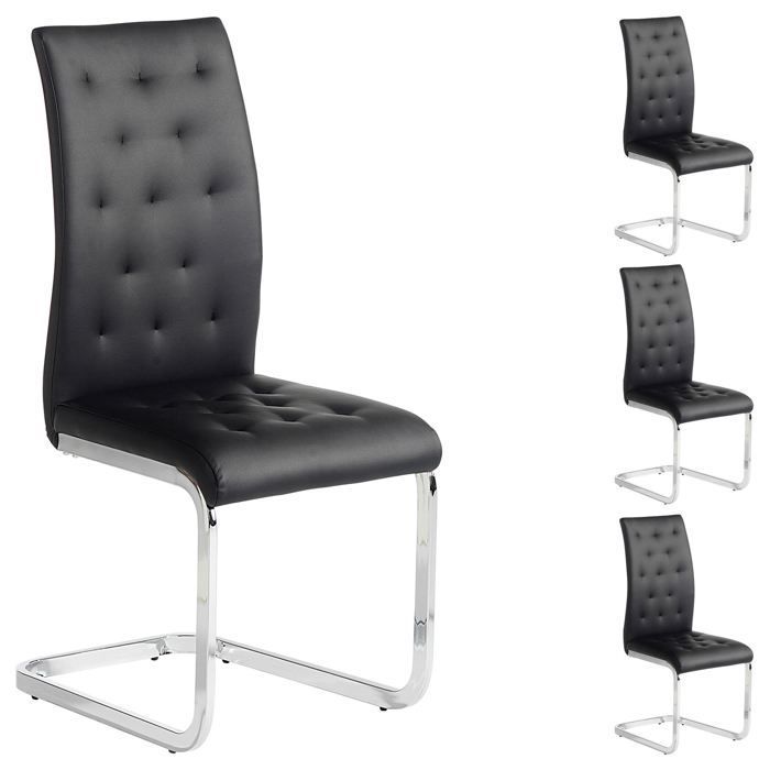Lot de 4 chaises de salle à manger CHLOE avec assise capitonnée et piétement chromé, revêtement en synthétique noir