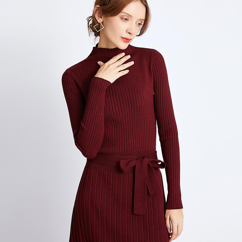 Abito lungo da donna a collo alto, autunno/inverno 2020, caldo abito con cinture, maglione a trapezio lavorato a maglia Pull Femme