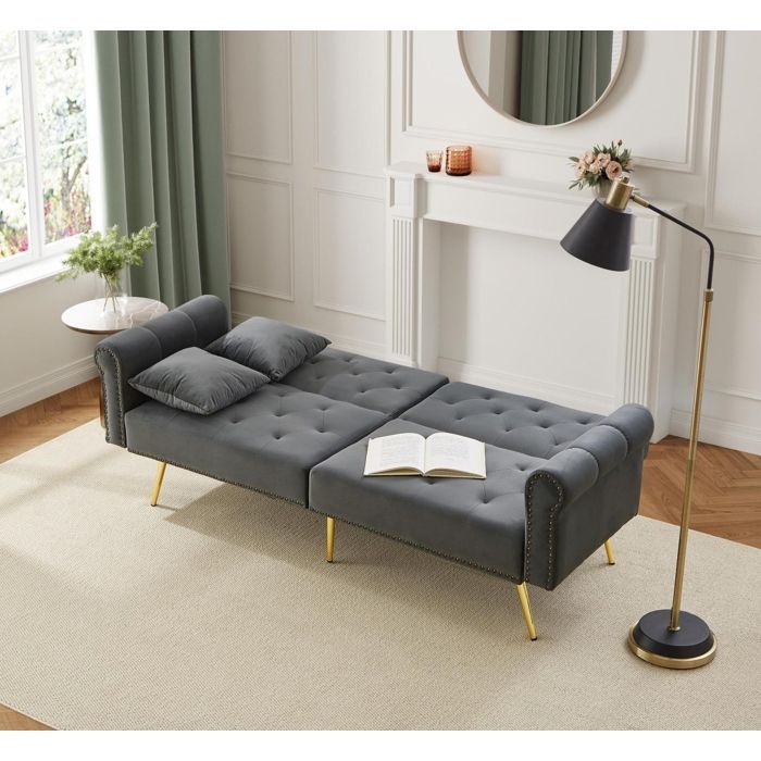 Convertible sofa - RAVAS - 2-zitsbank - Grijs fluweel - Verstelbare rugleuning - Opbergruimte