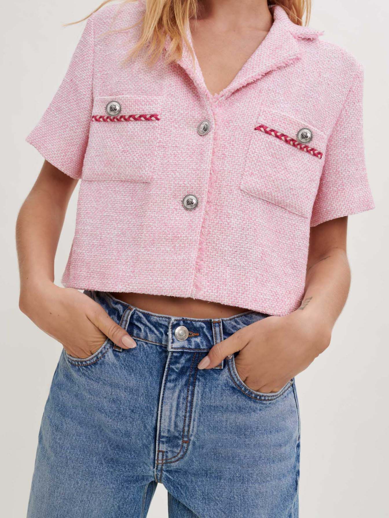 Jachetă scurtă mică din tweed fin - Roz