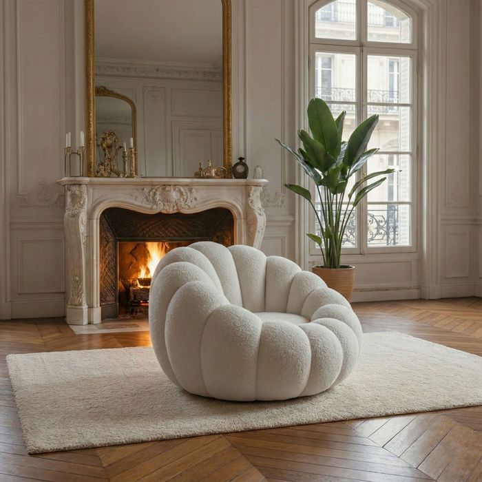 MENZZO Fauteuil design coquillage Arielina Tissu bouclette Blanc