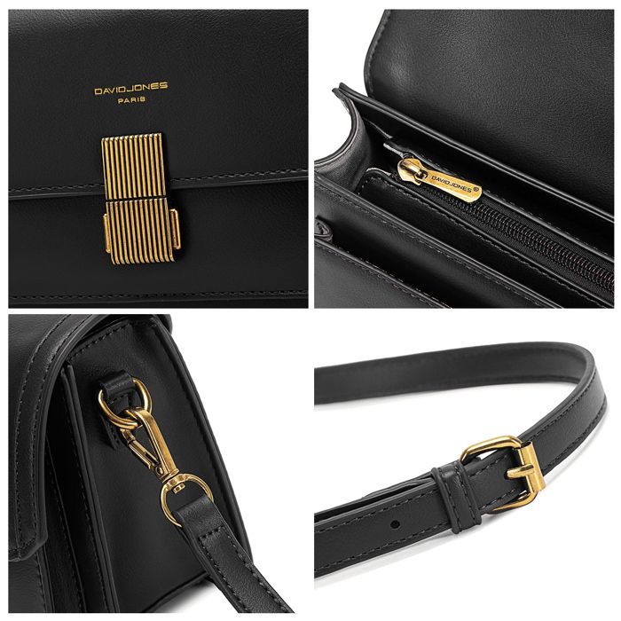 Bolso de hombro - David Jones - Bolso de hombro pequeño para mujer en piel sintética rígida - Solapa con bonito cierre - Negro