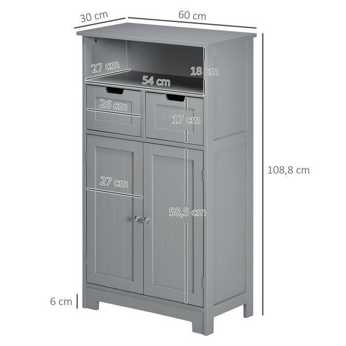 Meuble de salle de bain - kleankin - 2 tiroirs, niche, placard avec porte, étagère réglable - 60 x 30 x 109 cm - gris