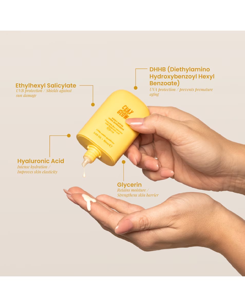 CLAY AND GLOW Protecție solară zilnică cu SPF50, protecție solară ridicată