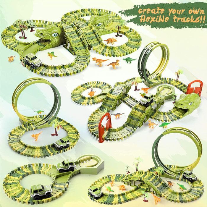 Coche eléctrico de dinosaurio - Set de pista de 240+29 piezas con túnel, puente y mini coches - Juguete modular de dinosaurio para armar
