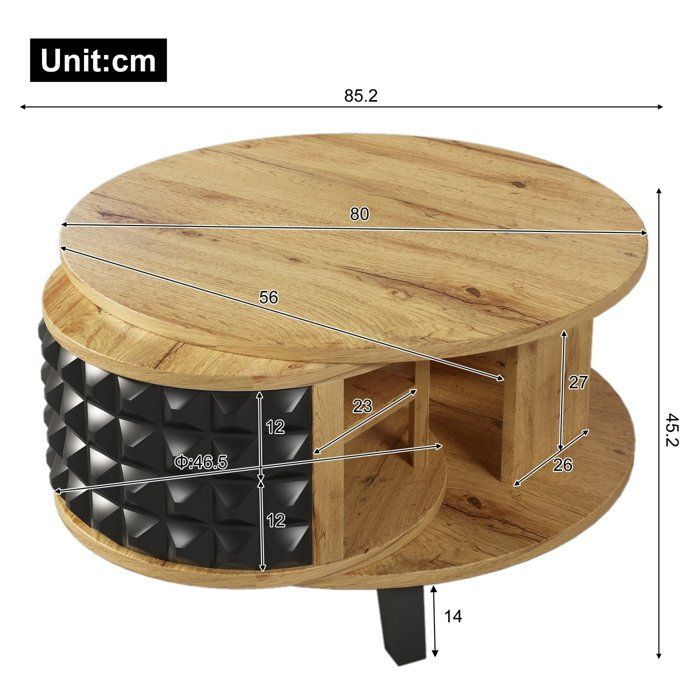 Maisentil salontafel met dubbel draaibaar blad in natuurlijke houtlook, verborgen opbergruimte en een strak, modern design.