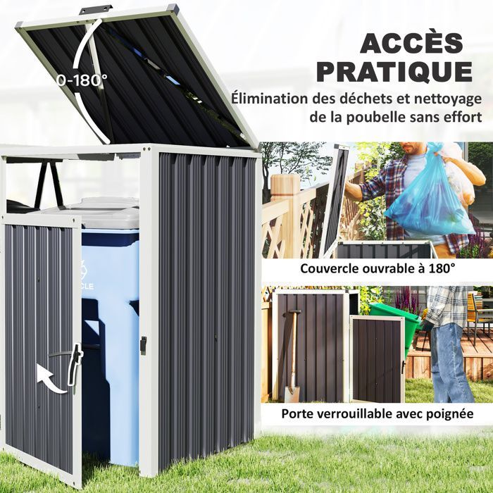 Refugio para 2 contenedores - Outsunny - 240 L - Tapas abatibles de 180° - Acero galvanizado - 146 x 81 x 122 cm - Gris oscuro