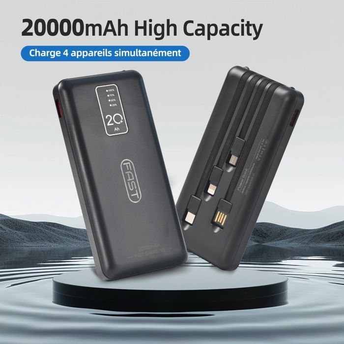 Externe batterij van 20000 mAh - Slankste powerbank - met 4 geïntegreerde kabels - Draagbare batterij en LCD-display, zwart