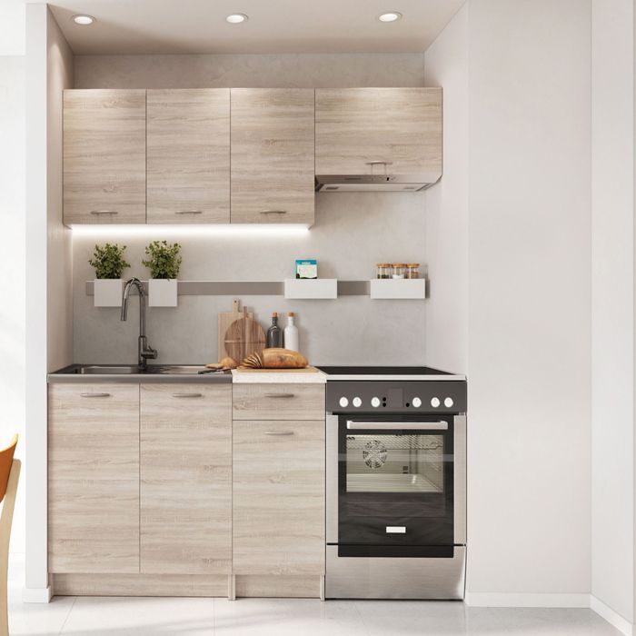 Cuisine complète L 180cm 5 éléments couleur chêne sonoma plan de travail inclus Mila