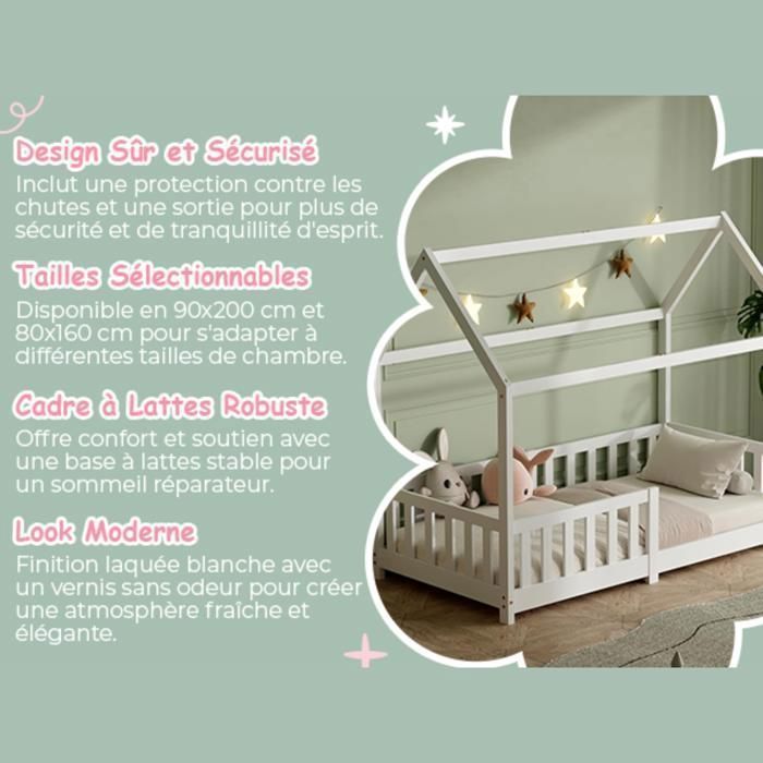 Letto a castello per bambini - ECOMI - 90x200 cm - Bianco - Sponda di sicurezza - Rete a doghe inclusa