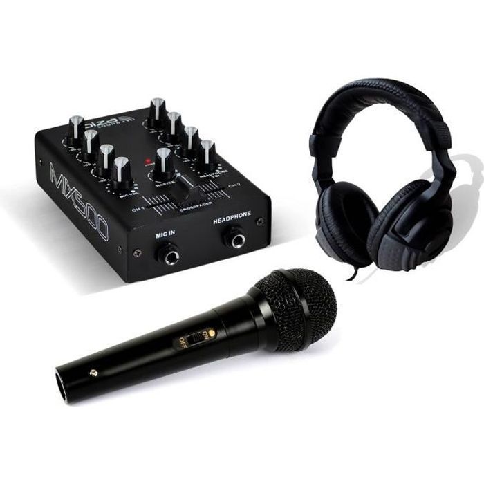 Kit audio per DJ: Mixer MIX500 + Cuffie + Microfono (Nero)