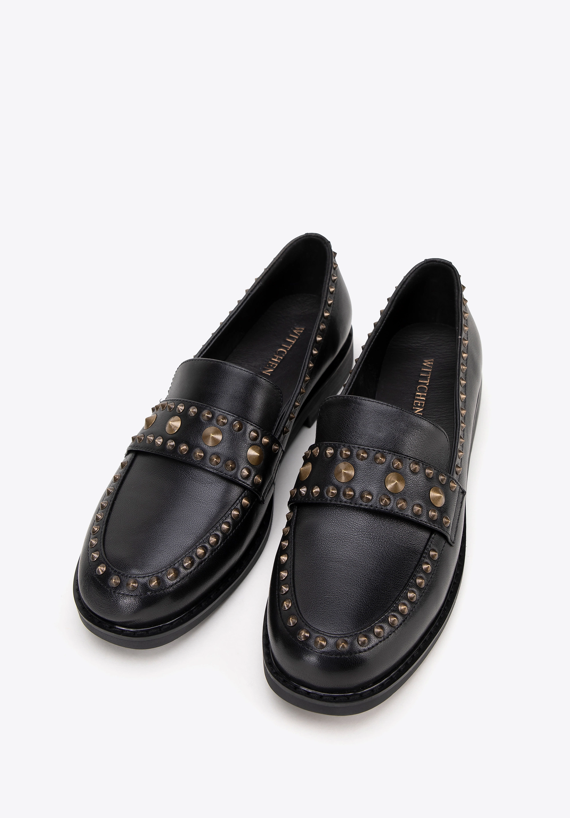 Damskie loafersy skórzane z ozdobnymi nitami czarne