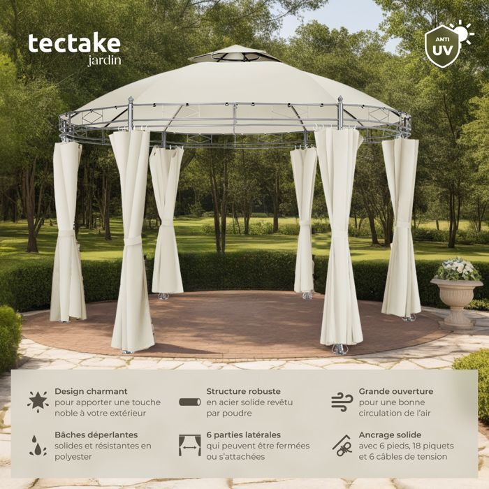 Pabellón de jardín - TECTAKE - Cenador SIANA con 6 paneles laterales de tejido hidrófugo, 3,5 m - Crema