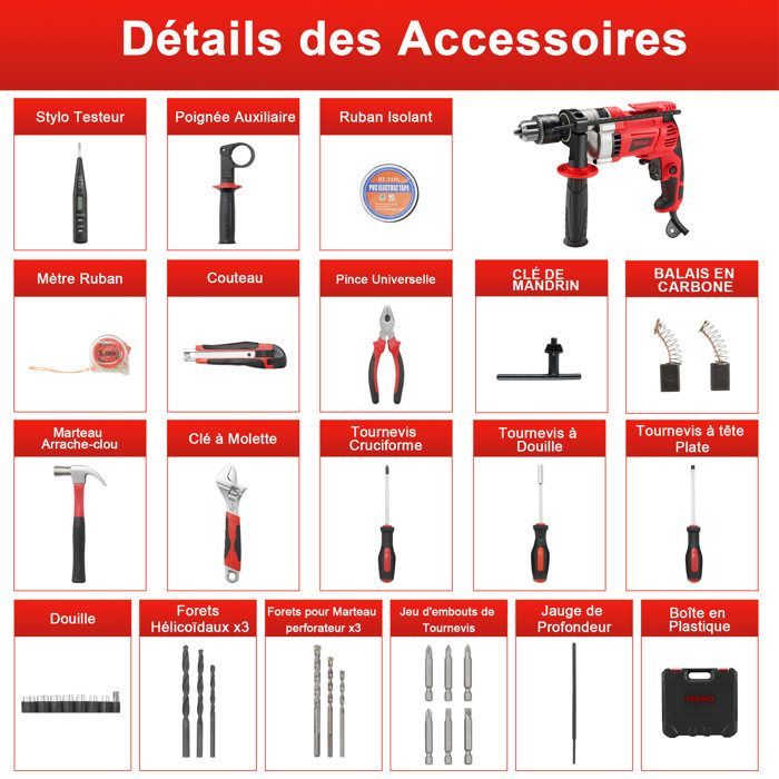 Electric impact drill - TEENO - 910W - 13 mm chuck - 0-3000 rpm - Drilling up to 32 mm