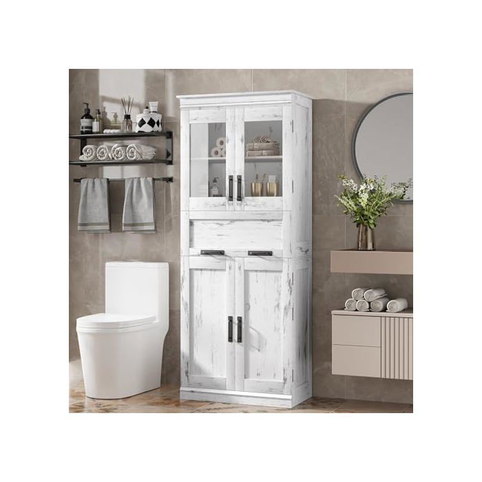 Bathroom Cabinet, 170 cm Tall Unit, Storage with Adjustable Shelves, 4 Doors, 1 Drawer, Compartment, White