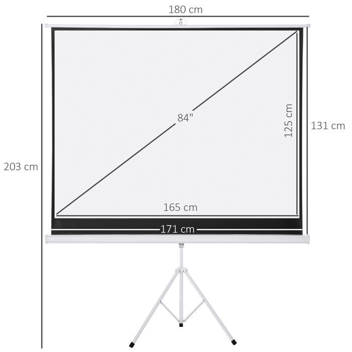 Pantalla de proyección con trípode - HOMCOM - Pantalla de cine en casa plegable, regulable en altura y 4K HD de 84 pulgadas (formato 4:3) - Acero - Blanco