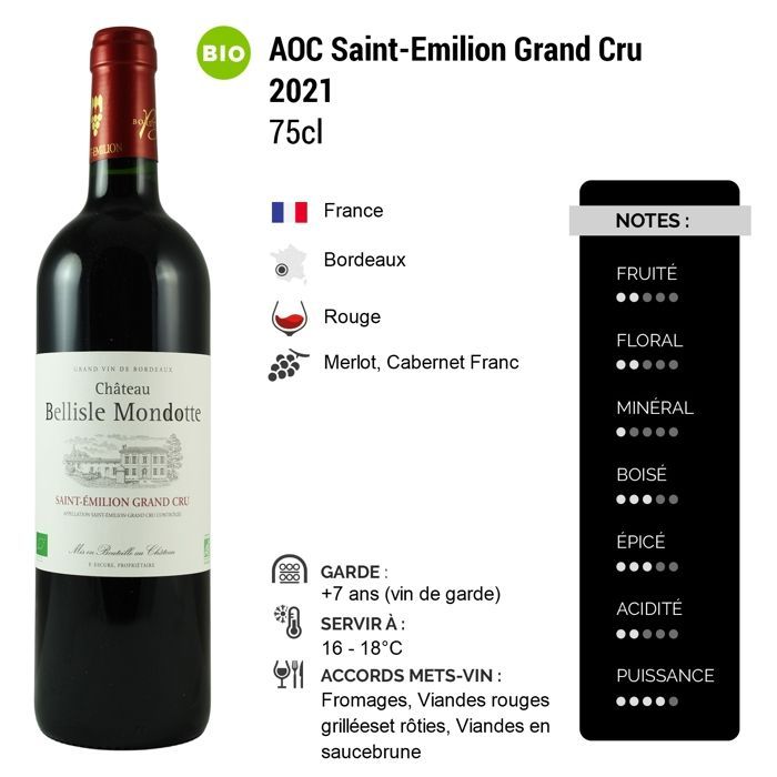 Château Bellisle Mondotte Saint-Emilion Grand Cru 2021 - Vino Tinto Burdeos (6x75cl) ECOLÓGICO