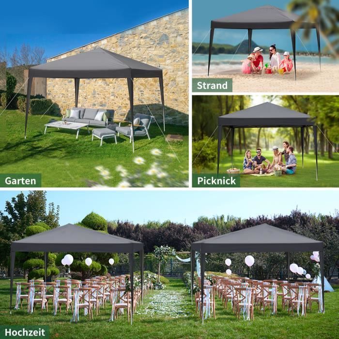 Tonnelle 3 x 3 m Pop-Up Tonnelle Pliante imperméable, pour Festivals, plages, terrasse ,Gris