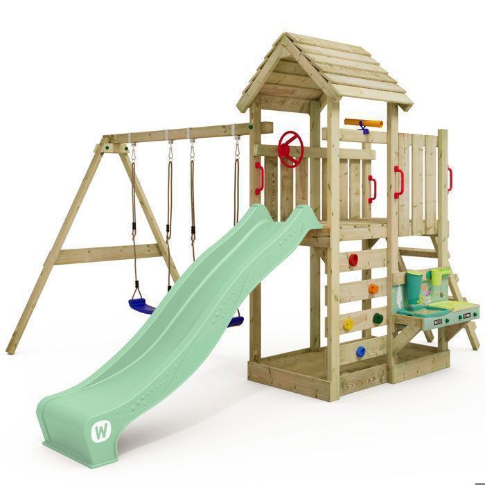 Zona de juegos de madera WICKEY MultiFlyer con columpio doble, tobogán verde pastel de 220 cm y cocinita de barro – 10 años de garantía*