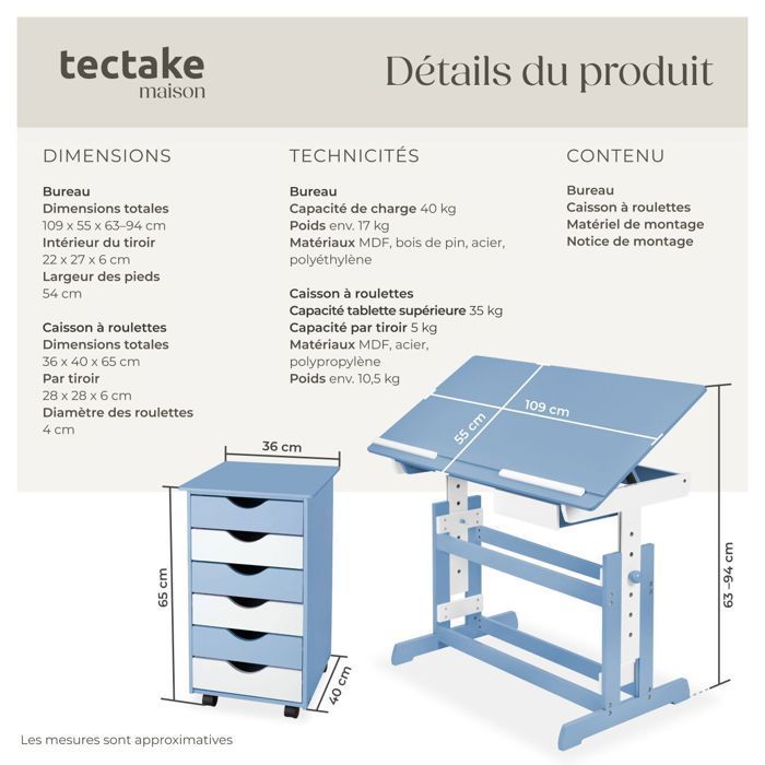 CHILDREN'S DESK - TECTAKE - Height-Adjustable and Tiltable Children's Desk Set and 6-Drawer Rolling Office Pedestal -