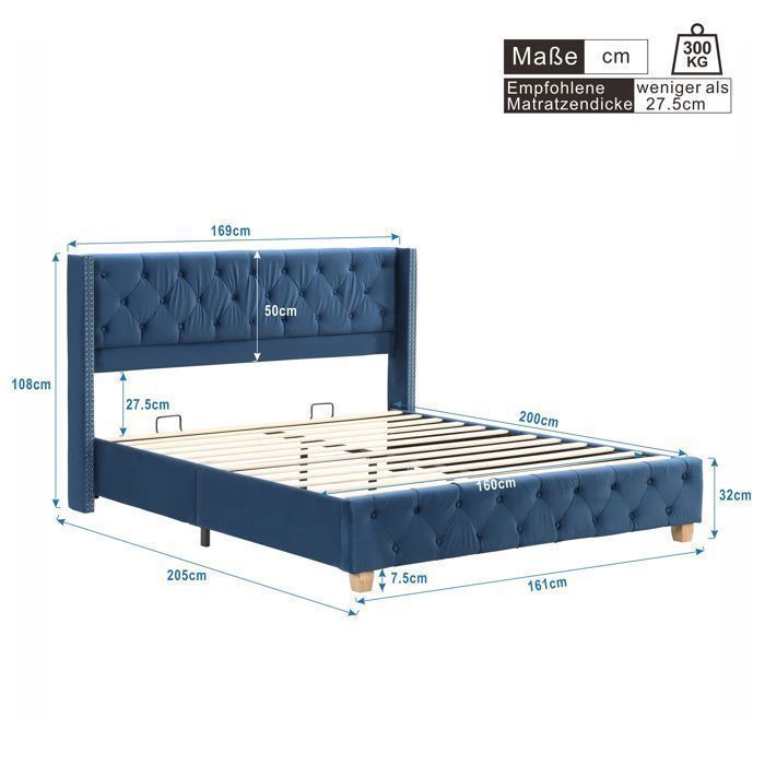 Cama doble para adultos - TKOPY - Cama tapizada de 160x200 cm, con somier de láminas, terciopelo azul.