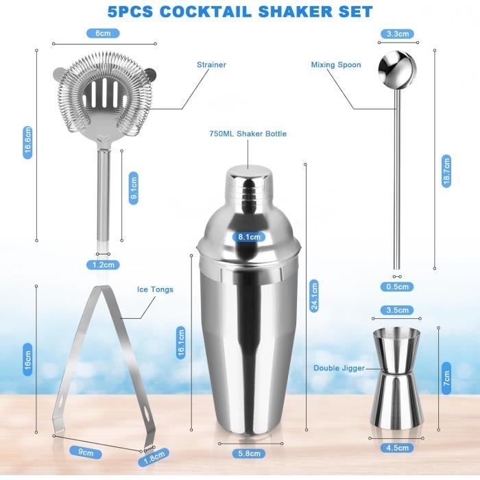 Coctelera, kit profesional de 750 ml, kit de barman con accesorios, para mezclar bebidas, hogar, bar, fiesta, 5 piezas