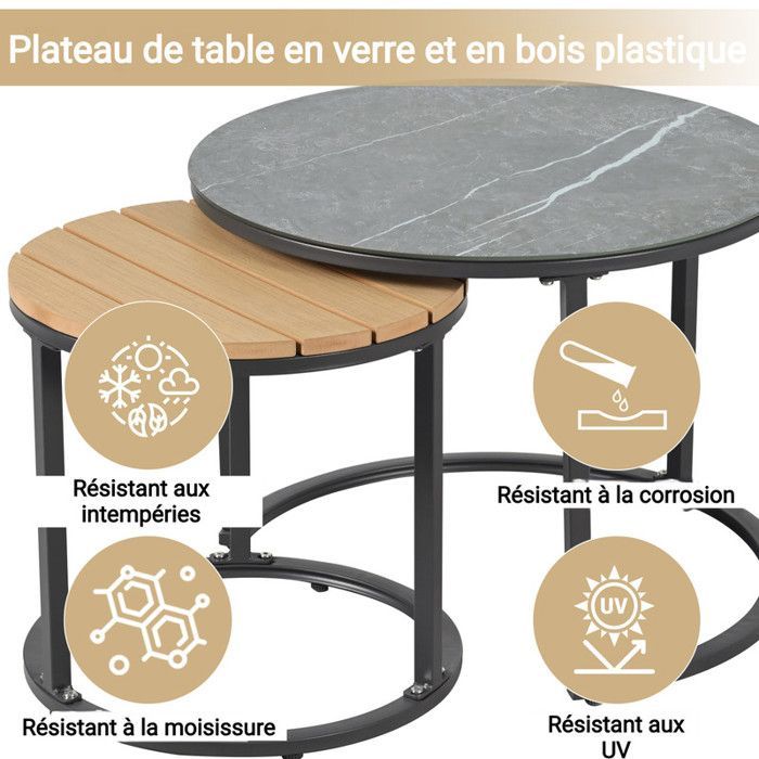 Garden furniture set - 3-seater sofa - 2 armchairs - 2 coffee tables - Marble-effect lacquered glass tabletop