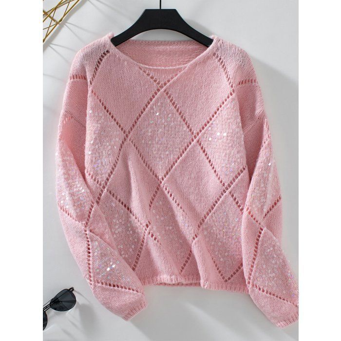Jersey de cuello redondo para mujer, colección otoño-invierno 2025, diseño calado con lentejuelas, punto de rombos elegante - Rosa