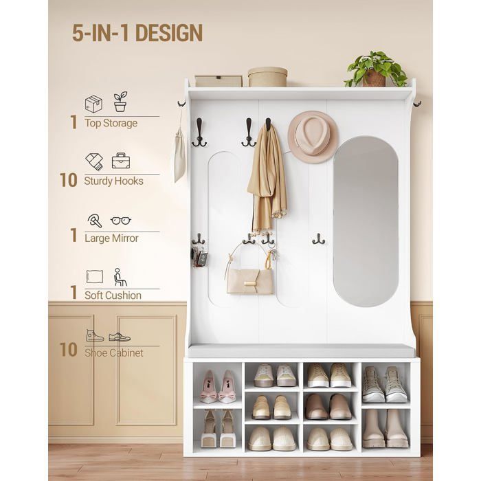 Perchero con banco para zapatos, mueble de recibidor con espejo, 10 ganchos, estantes ajustables, para pasillo, sala de estar, blanco